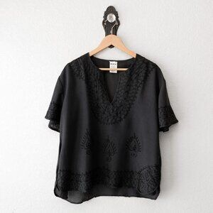 MTCM XL Black Embroidered Tunic Top Made in Morocco Boho Pockets Rayon